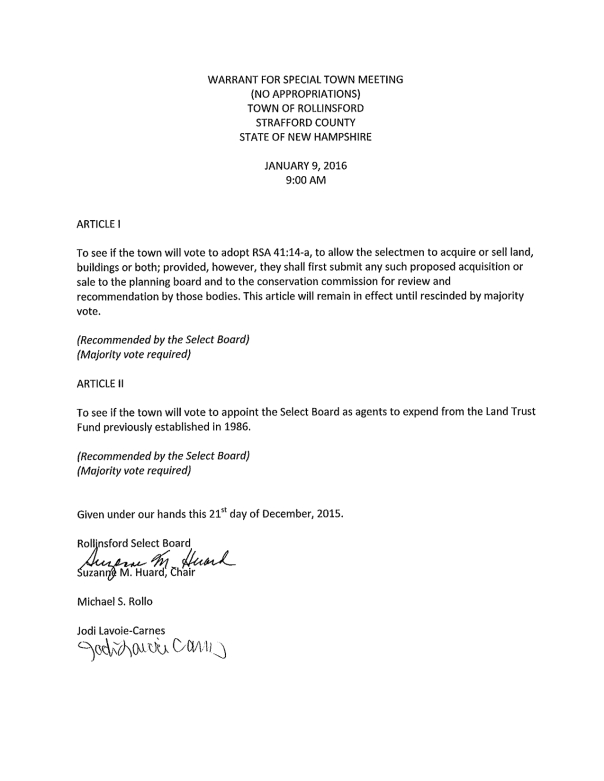 Warrant for Special Town Meeting - Signed